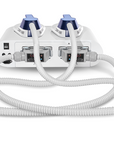 Back view of Desktop EMSculpting Machine, White and blue color, with two treatment handles