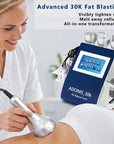 Adonis 30K body contouring machine with practitioner using a cavitation handpiece on a patient’s abdomen during treatment.