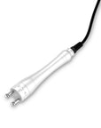 Silver facial treatment handpiece with dual metal contact points for professional aesthetic treatments.