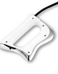 White handheld body contouring treatment applicator with chrome edges, ergonomic grip, and attached cable.