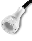 Silver body contouring treatment handpiece with multiple rounded metal contact points and attached flexible hose, close-up view.
