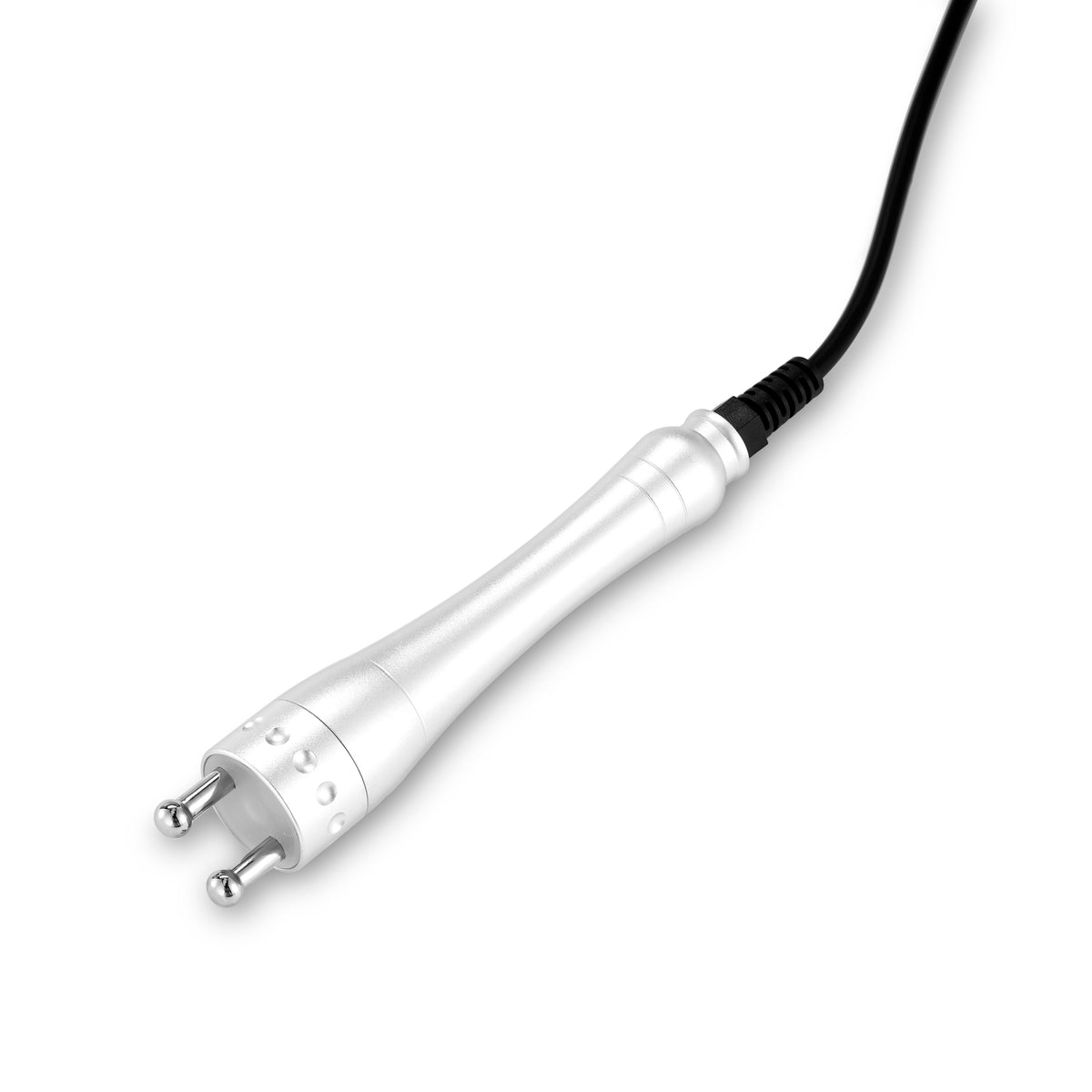 Silver facial treatment handpiece with dual metal contact points for professional aesthetic treatments.