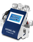 Adonis 30K body contouring machine with touchscreen display, cavitation, RF, EMS, and laser treatment handpieces - front view.